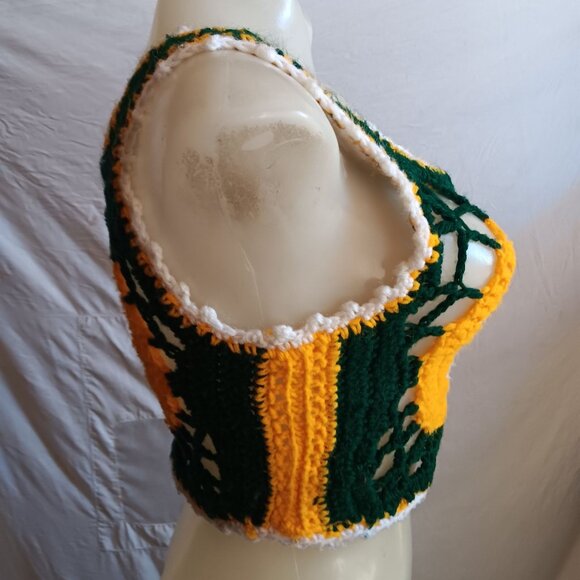1OF1 Small Handmade Crochet Halter Top Green Yellow White Sunburst 1970's Hippy - Picture 4 of 5